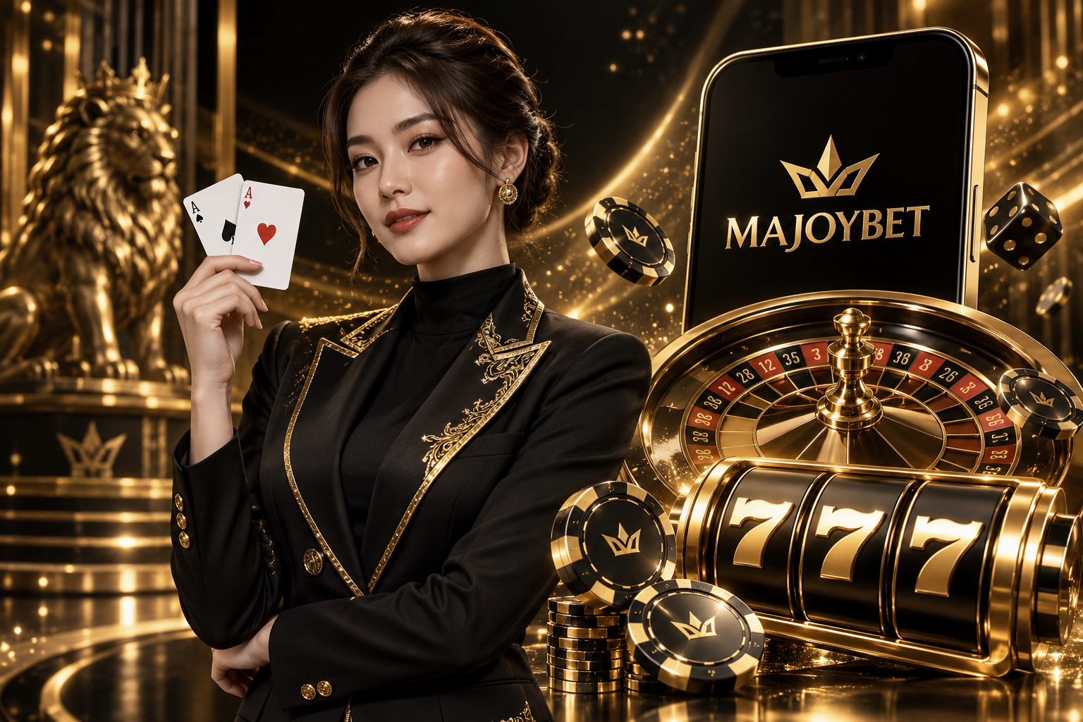 ภาพหลัก MAJOYBET พร้อมไพ่ โทรศัพท์ และรูเล็ตโทนดำทอง